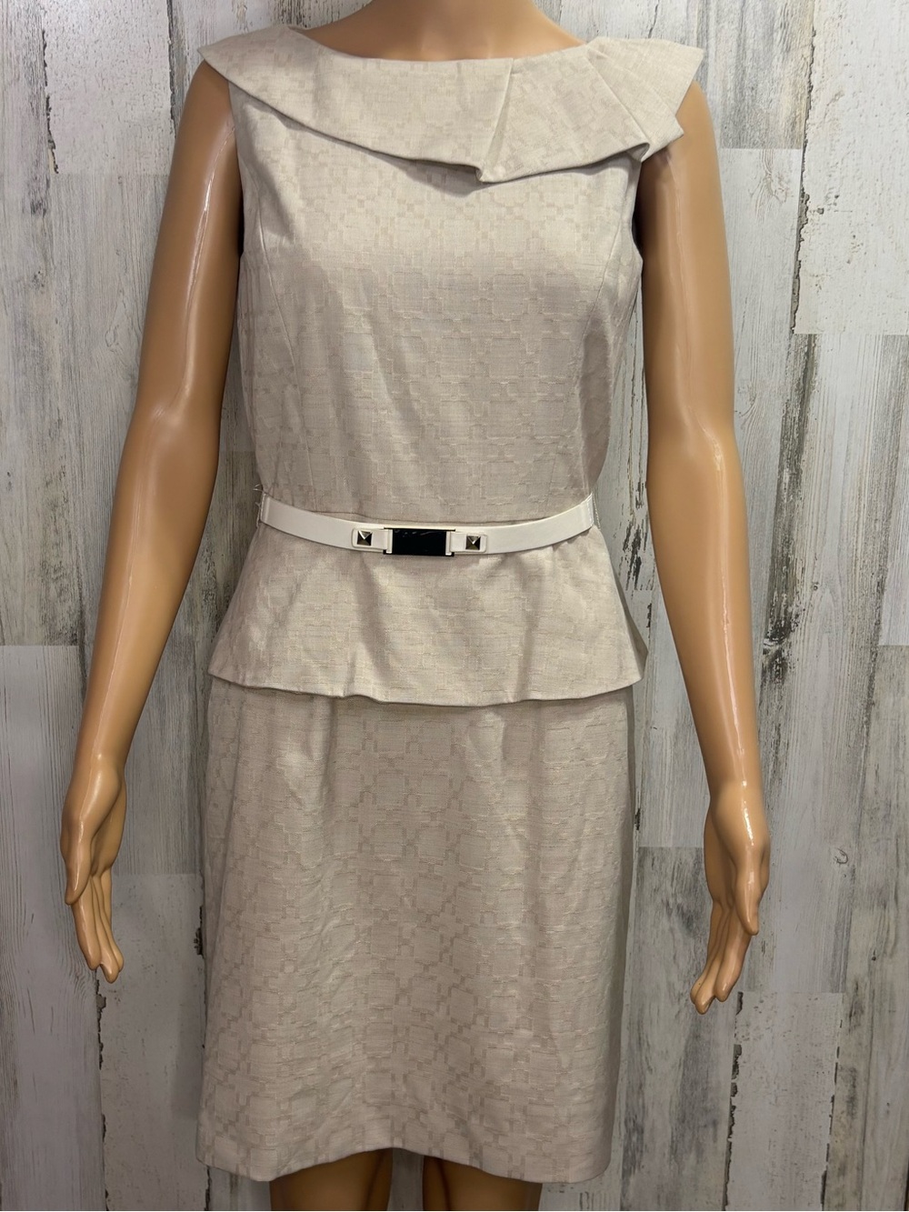 ANTONIO MELANI Cream Textured Peplum Linen Blend Sheath Dress‎